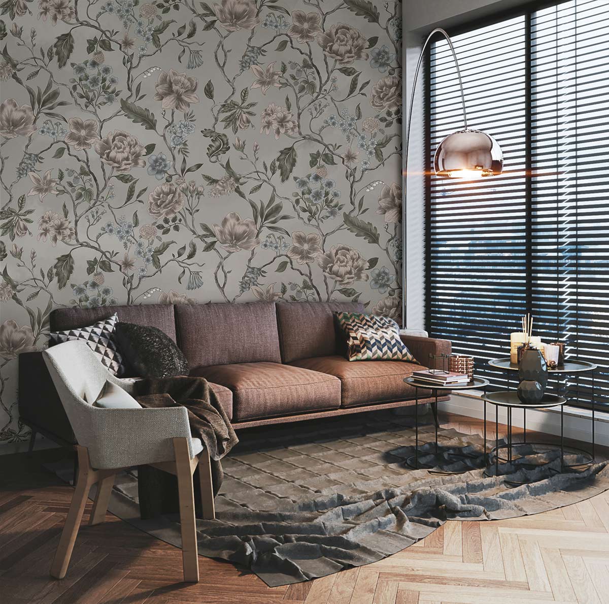 Vintage floral wallpaper with grey pastels, brown sofa, modern lamp, chevron flooring, contemporary lounge.