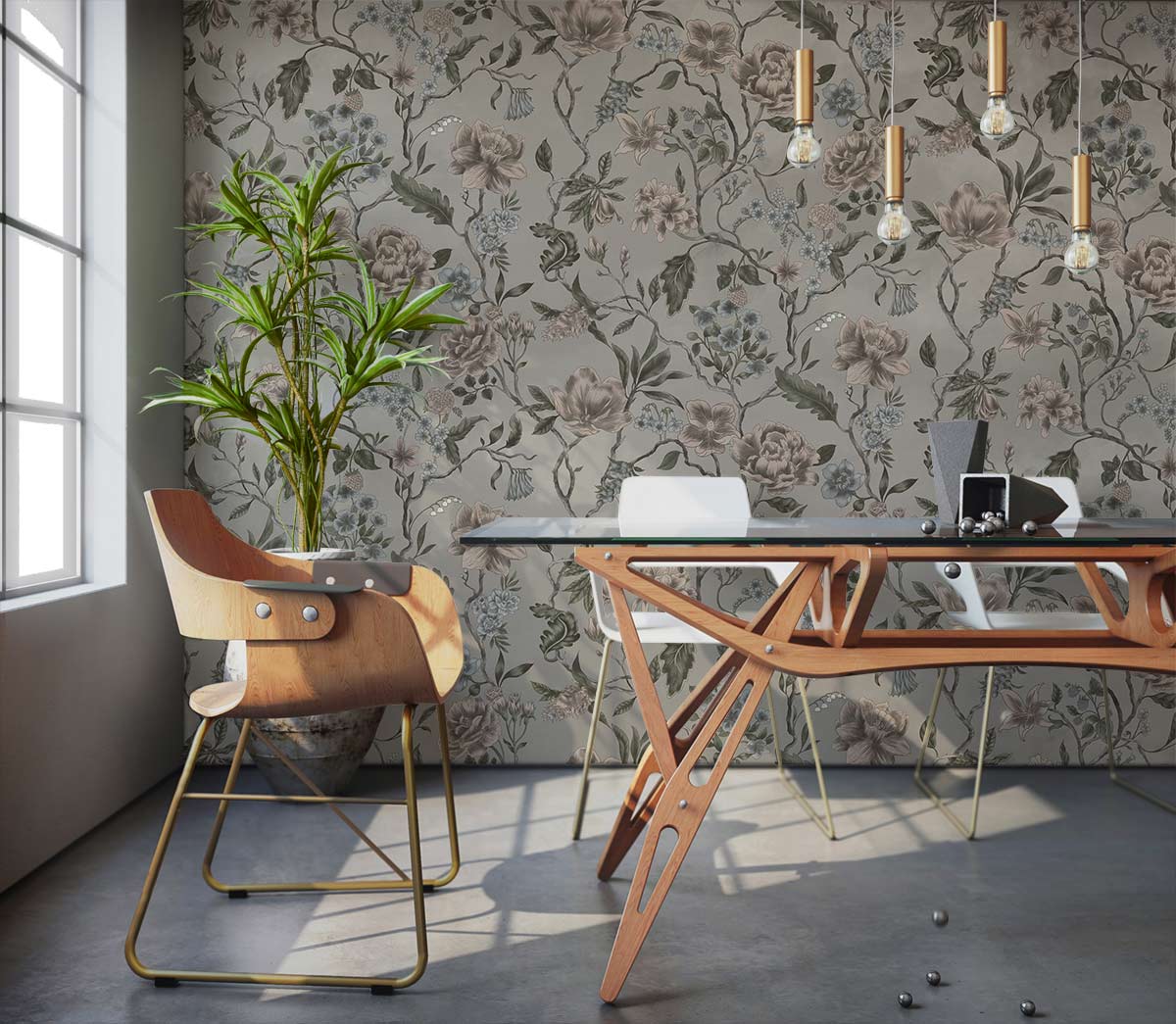 Vintage floral wallpaper, subtle grey, pastel tones, modern wood chair, minimalist table, pendant lights.
