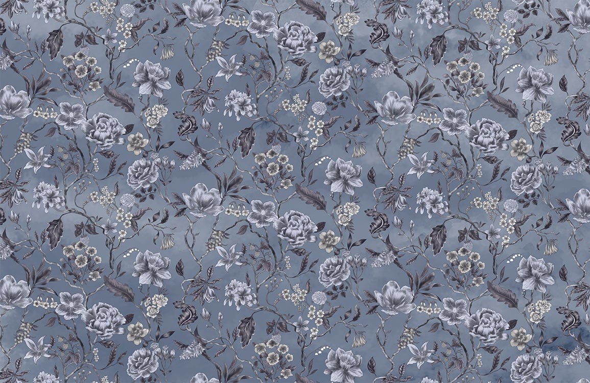 Elegant Blue Floral Pattern Wallpaper with Vintage Botanical Charm