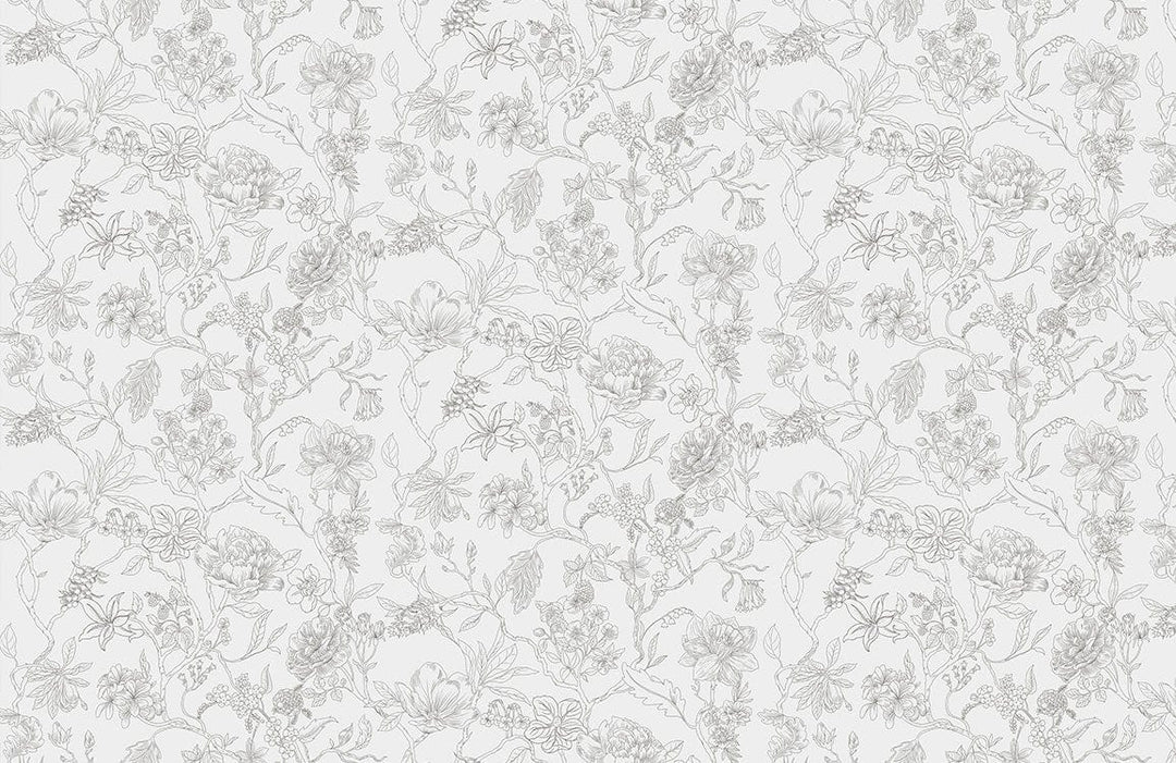 Elegant Grey Botanical Floral Patterned Wallpaper for Timeless Interior Design