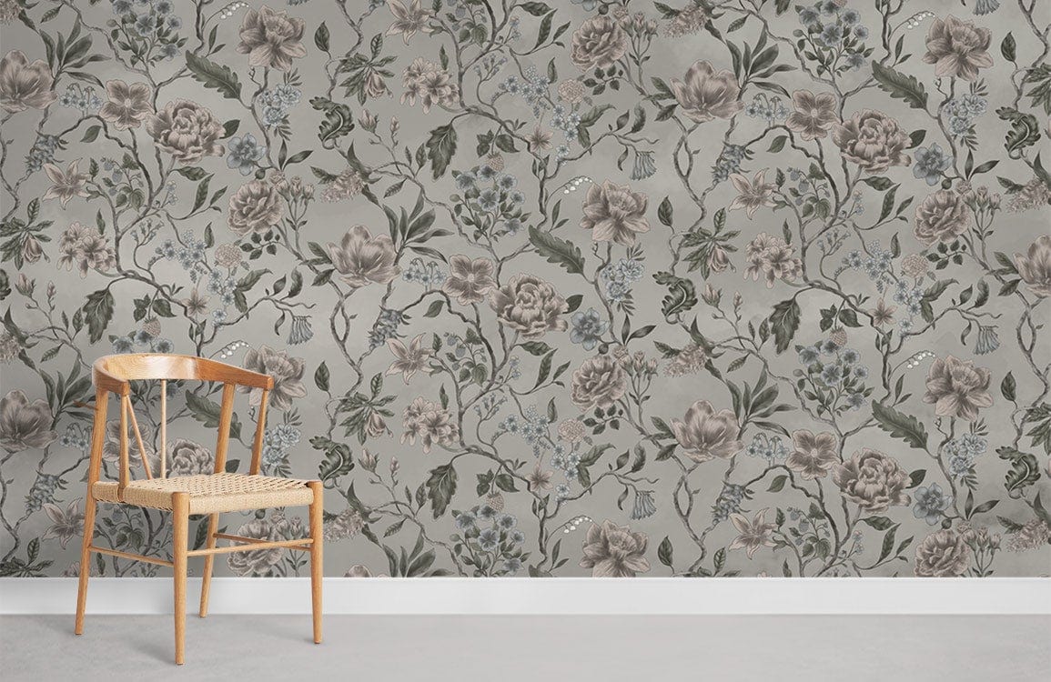 Vintage floral elegance wallpaper in subtle grey with wooden chair and soft pastel tones in room.