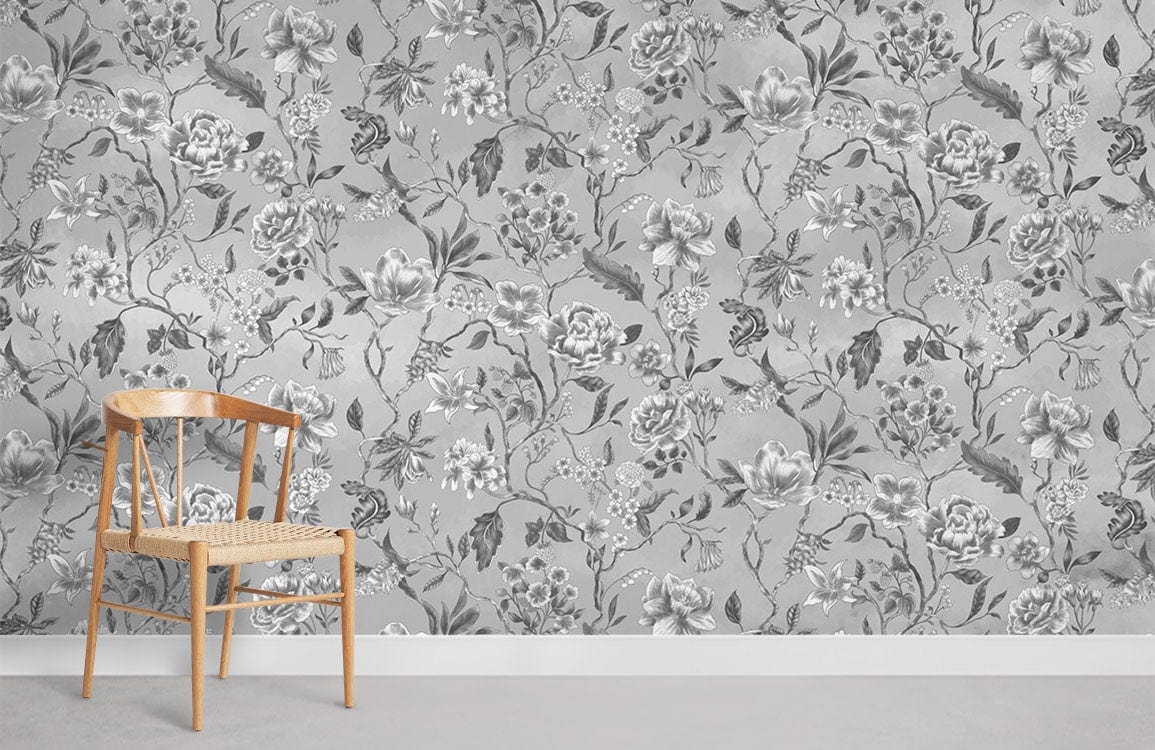 Elegant grey floral pattern wallpaper with wooden chair, enhancing vintage style Décor in living room.