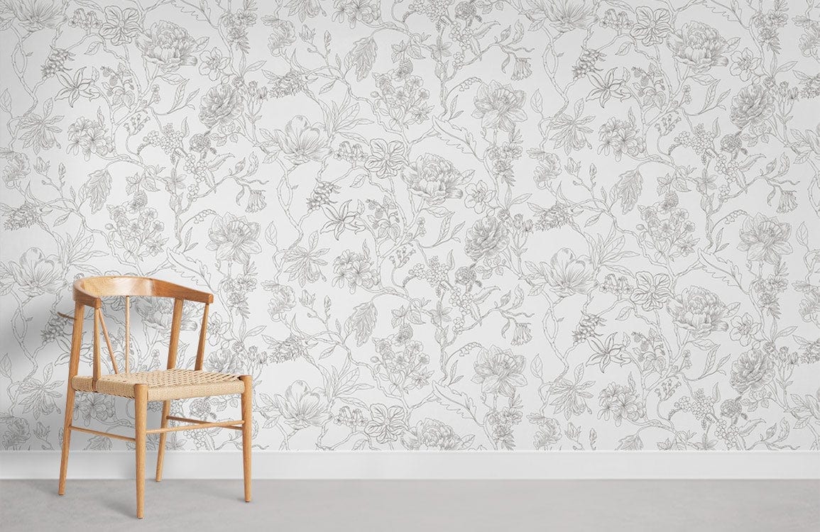 Elegant grey botanical floral wallpaper, wooden chair, grey flooring, creating timeless interior design ambiance.