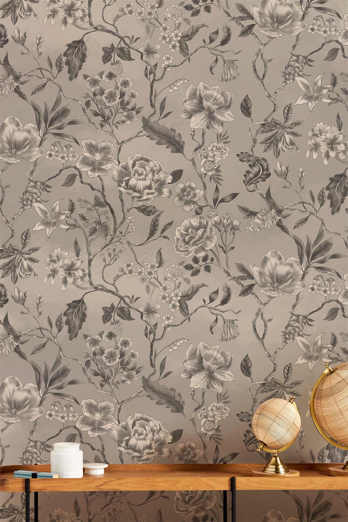Elegant grey floral wallpaper in vintage style, wooden console table, features decorative globes, timeless Décor.