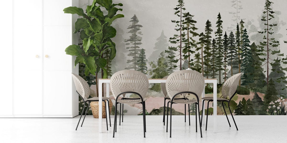 Serene Forest Watercolour Mural Wallpaper in dining room with modern chairs, white table, plant, and wardrobe.
