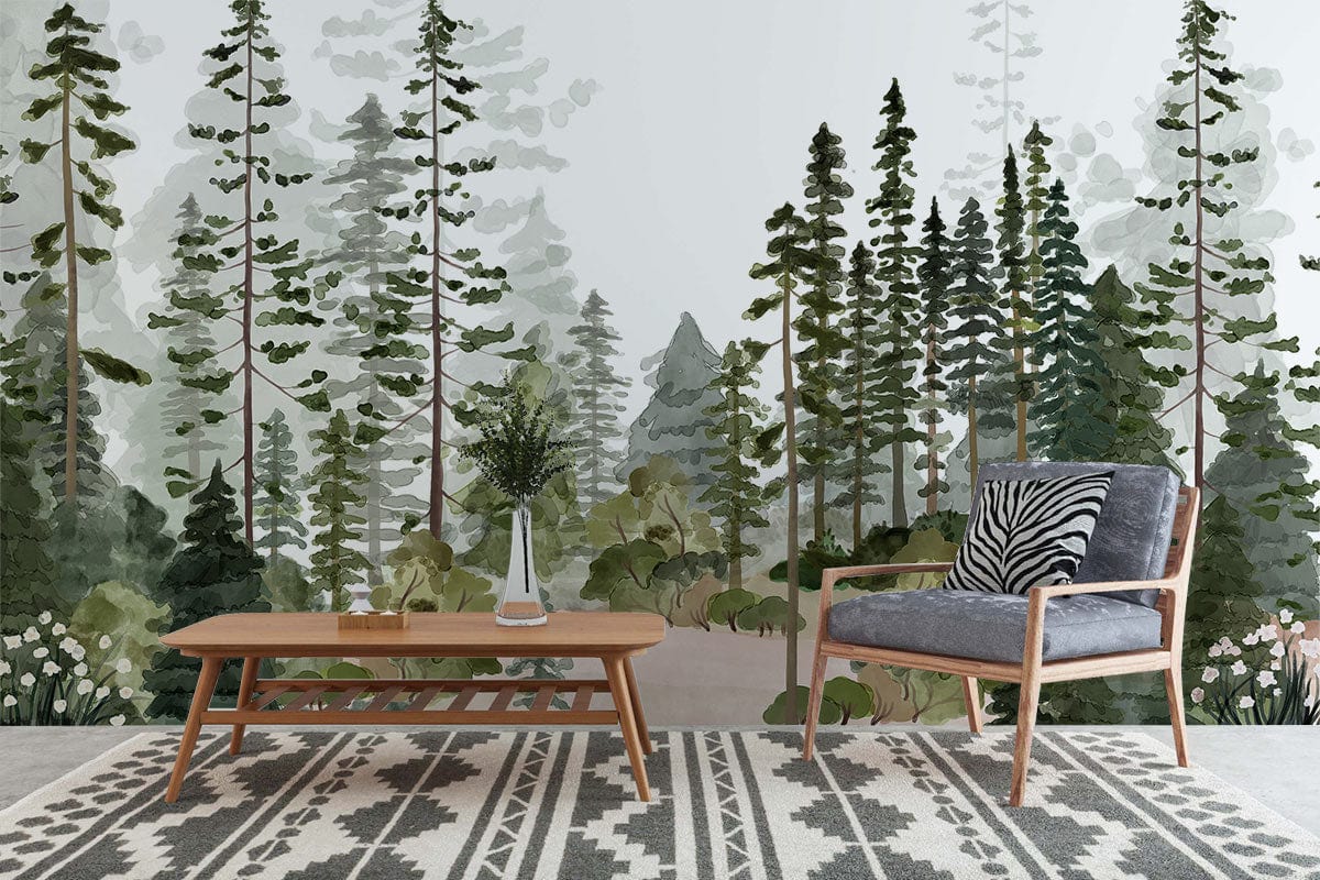 Tranquil Forest Mural Wallpaper showcases green landscape; features mid-century chair, wooden table, patterned rug.