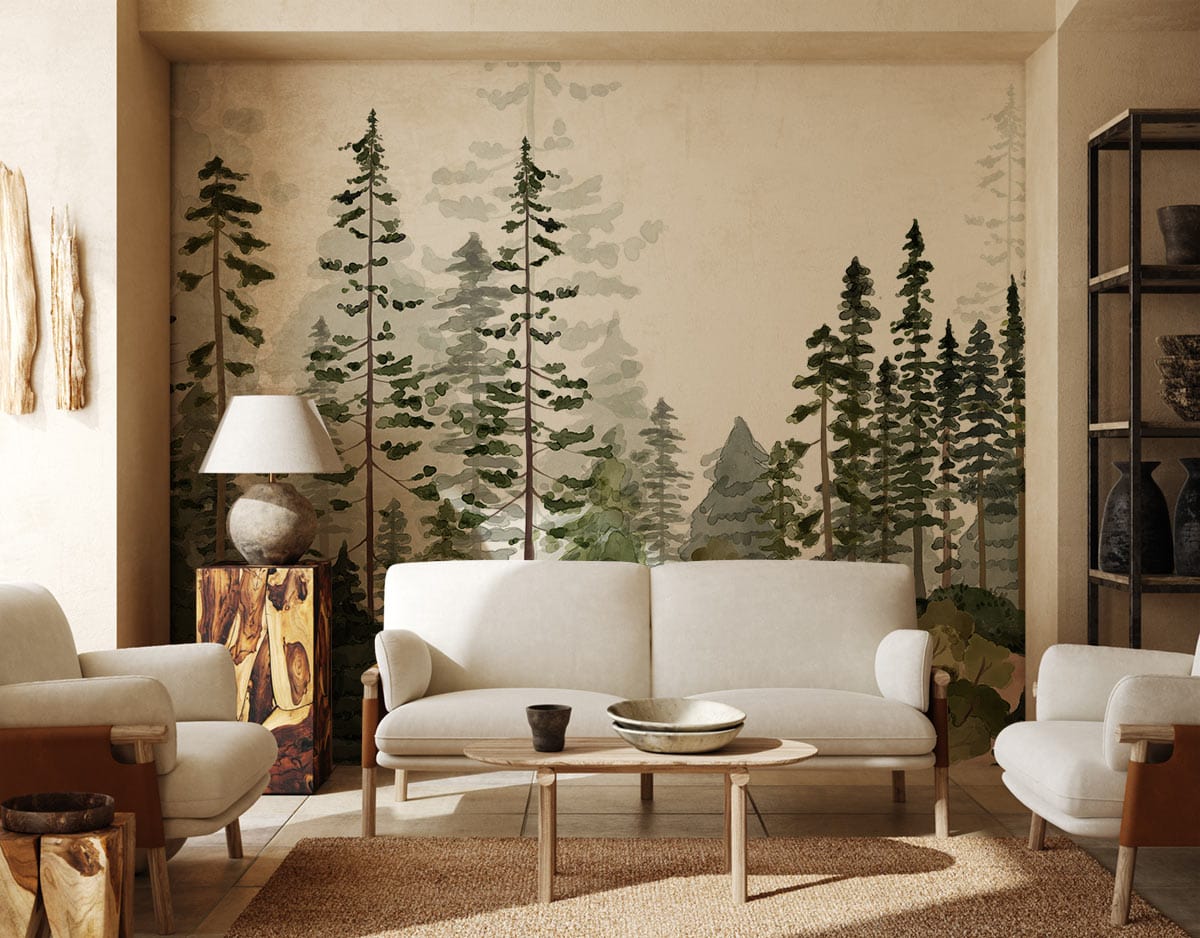 Tranquil Forest Mural Wallpaper, cream sofa set, woven rug, brown armchairs, beige wall, living room.