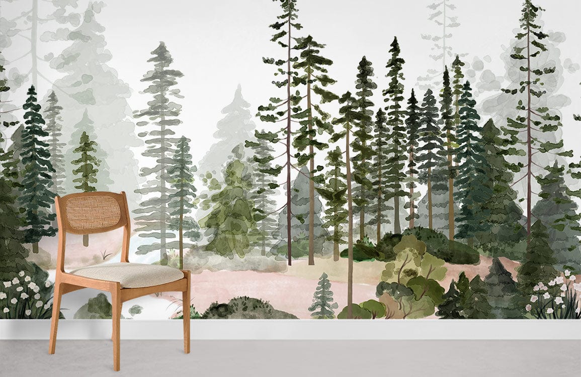 Watercolour forest mural wallpaper with wooden chair, minimal room design, serene green tones.