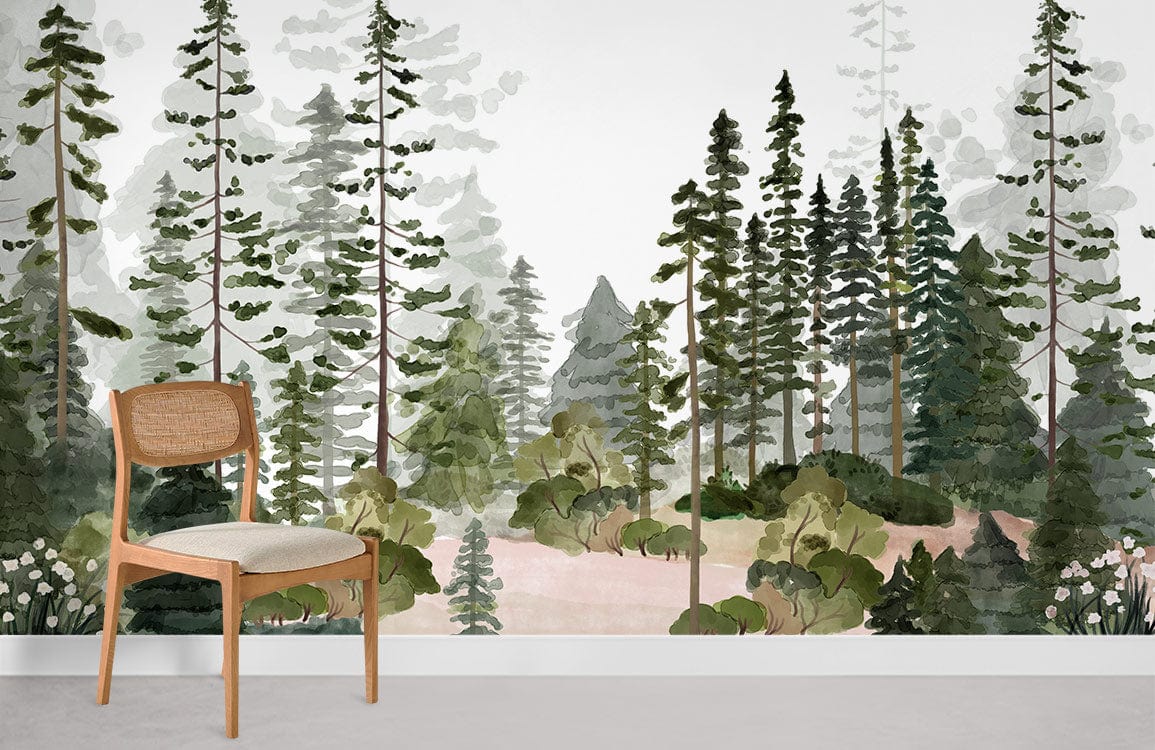 Tranquil Forest Mural Wallpaper featuring green watercolour nature landscape, wooden chair, grey flooring.