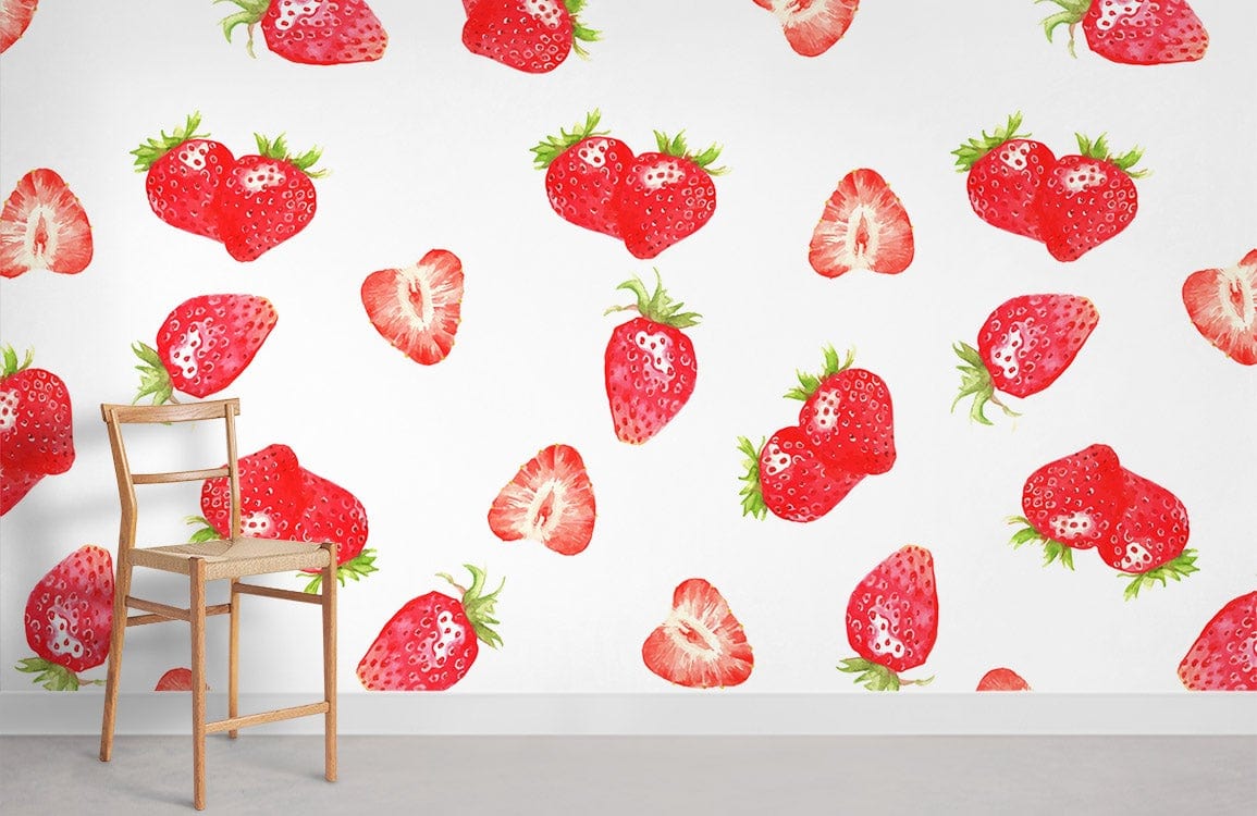 Strawberry watercolour pattern wallpaper in kitchen with wooden chair; vibrant decor element for splashback.