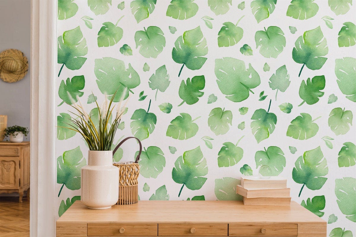 Refreshing green leaf wallpaper in living room with natural wood furniture and botanical decor accents.