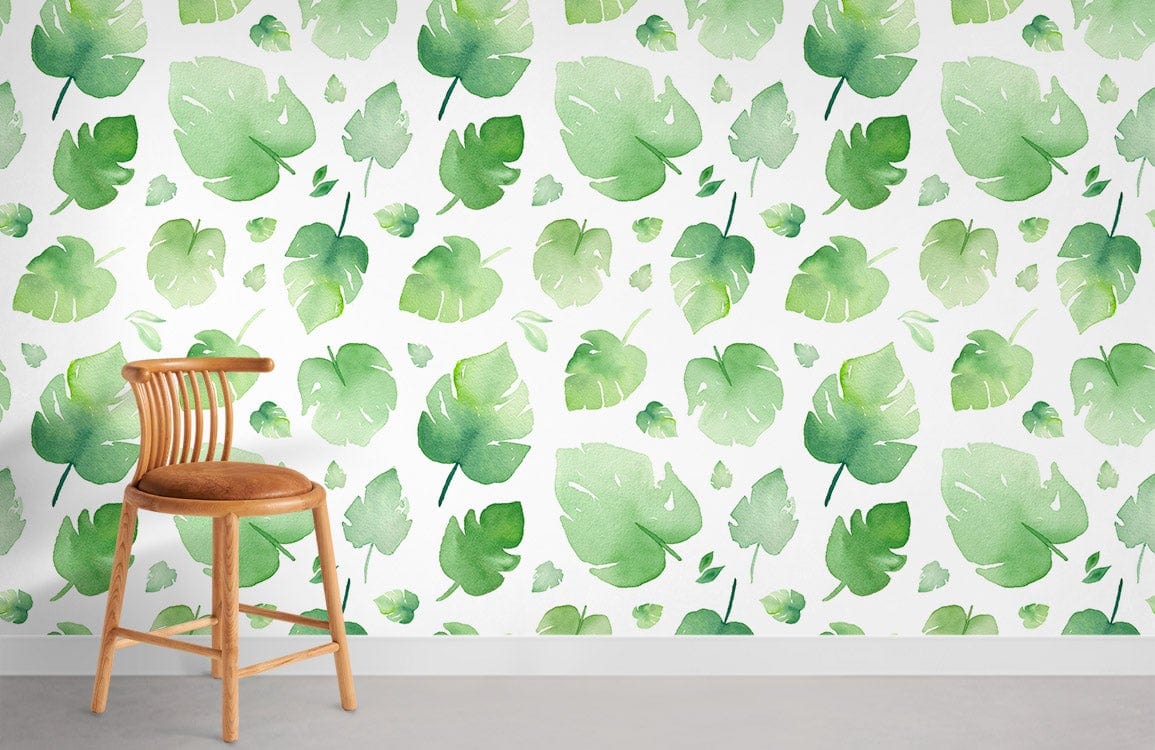 Botanical green leaf wallpaper in room with wooden chair, white wall background, and light grey flooring.