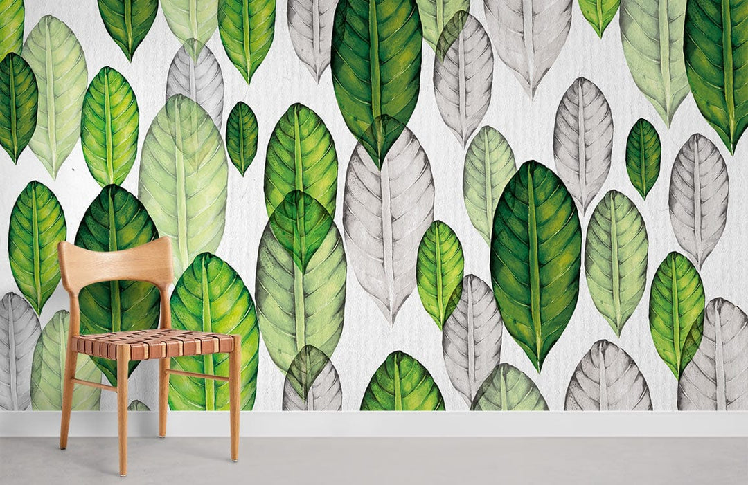 Green botanical leaf pattern wallpaper with wooden chair, grey flooring, and modern nature-inspired design.