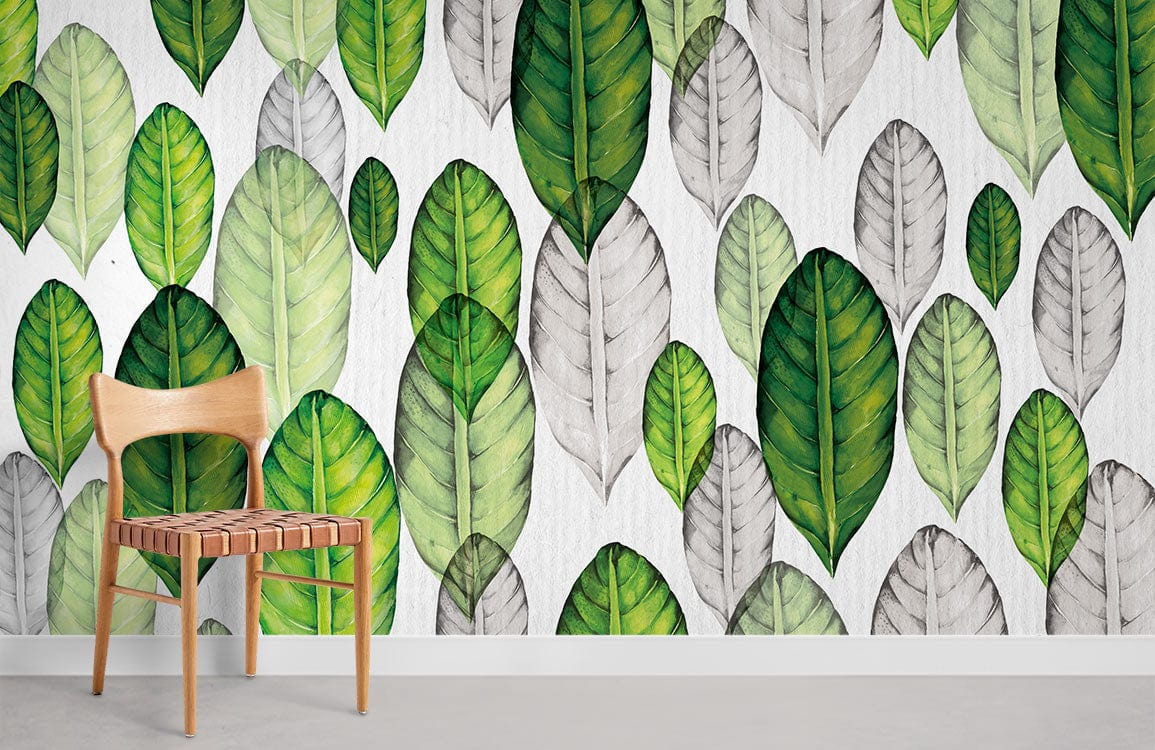 Green Watercolour Leaves Wallpaper Mural