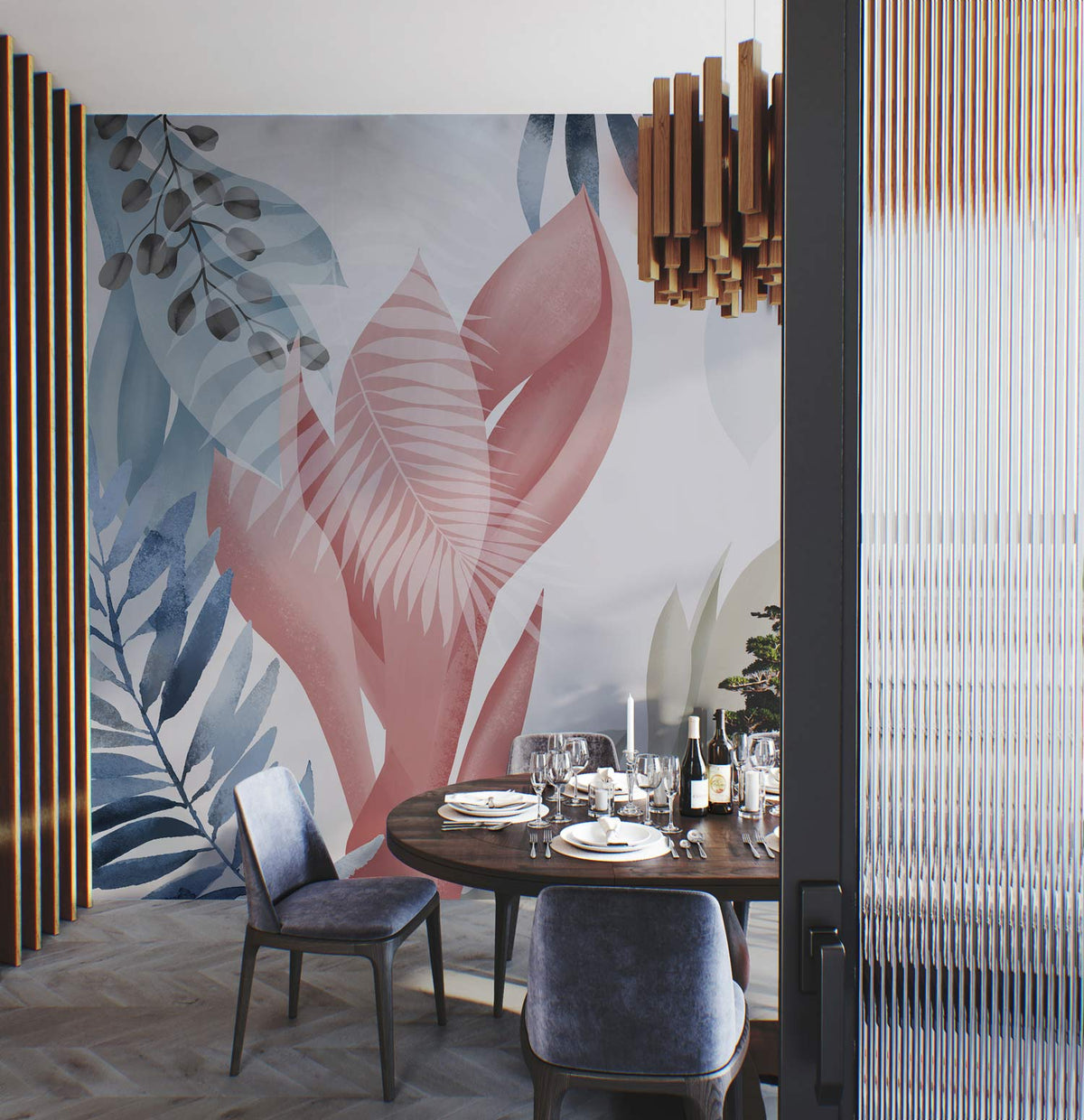 Elegant Pastel Tropical Leaves Mural Wallpaper in dining room, featuring soft pink and blue design.