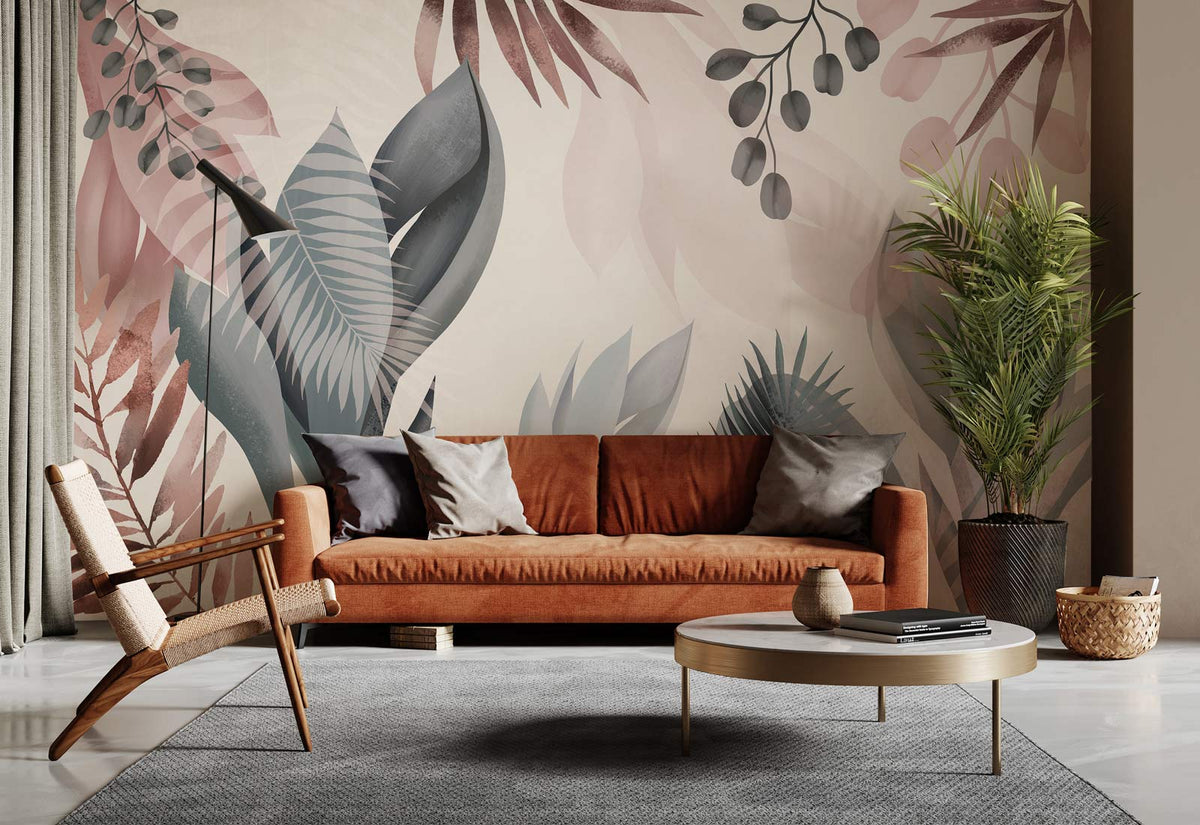 Abstract botanical leaves wallpaper in soft pink and blue, with modern sofa, chair, and grey rug.