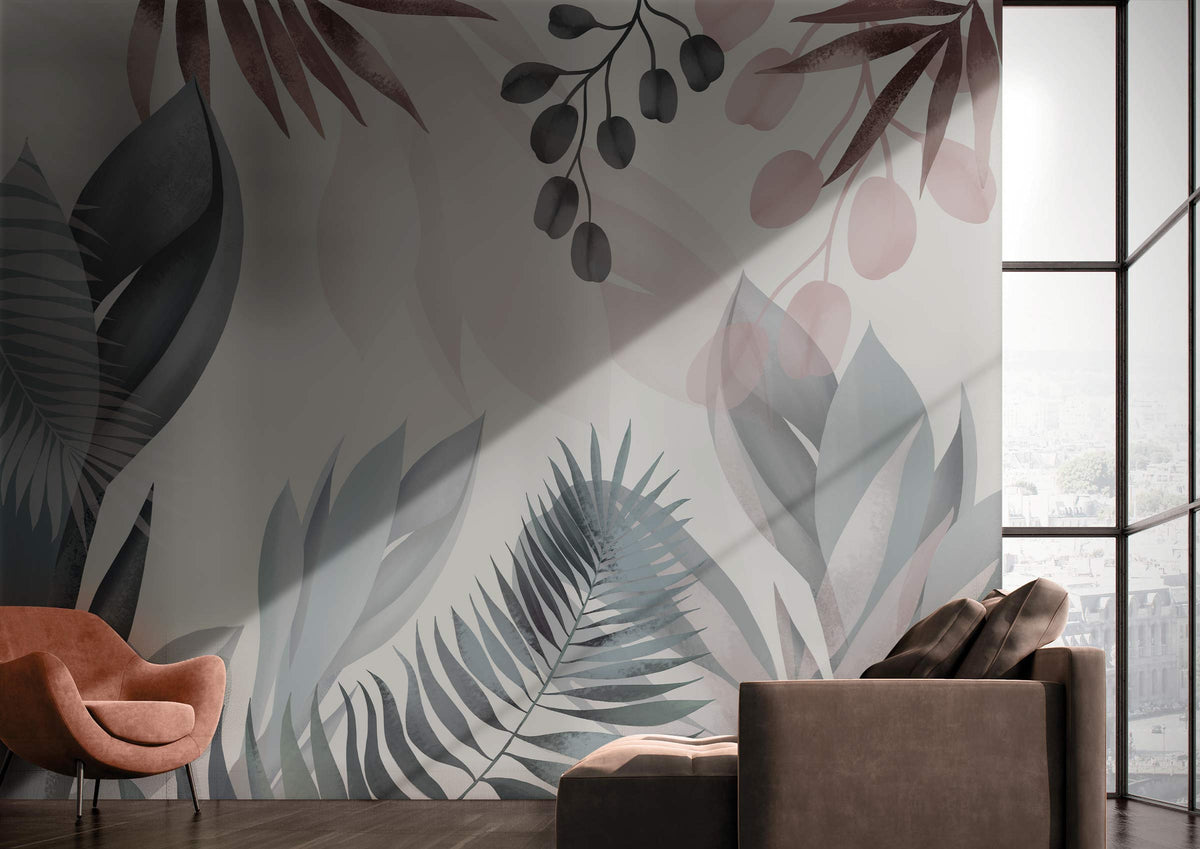 Abstract botanical leaves mural in pink and blue tones, modern brown sofa, cosy armchair, wooden flooring.