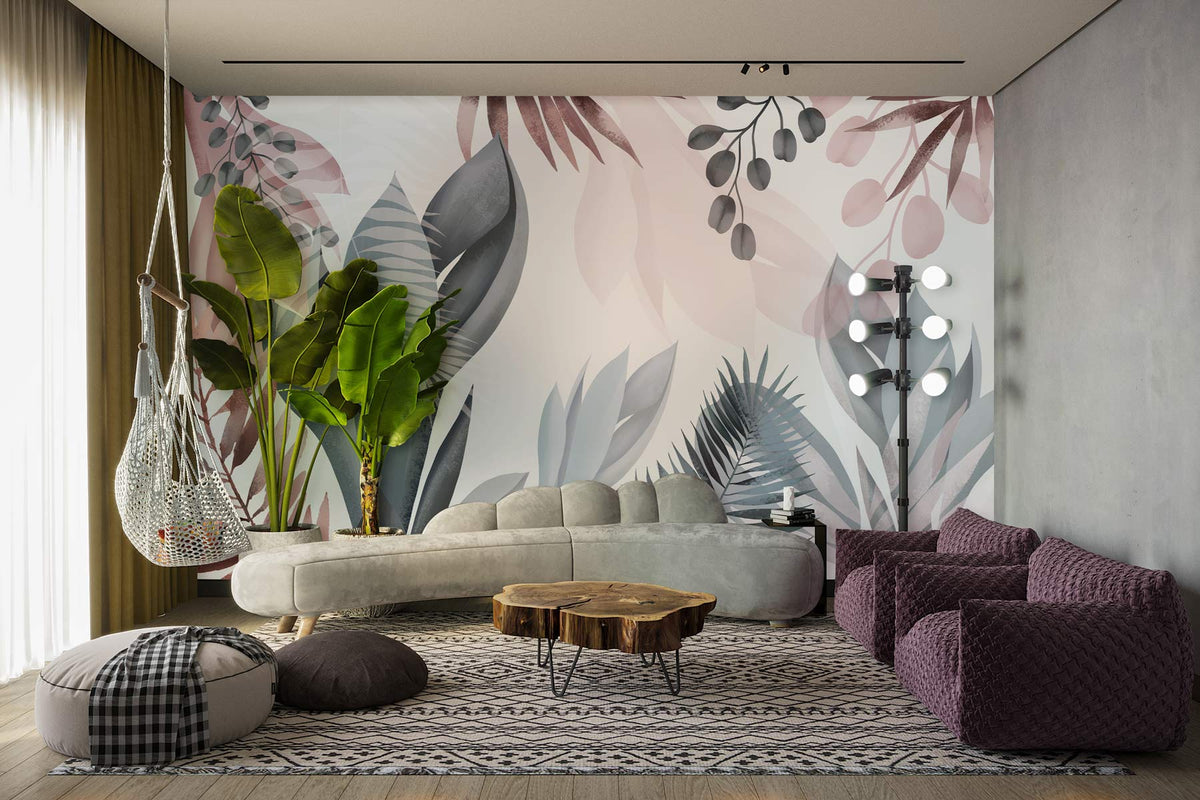 Abstract Botanical Leaves Mural Wallpaper with grey sofa, purple armchairs, wood coffee table, living room.