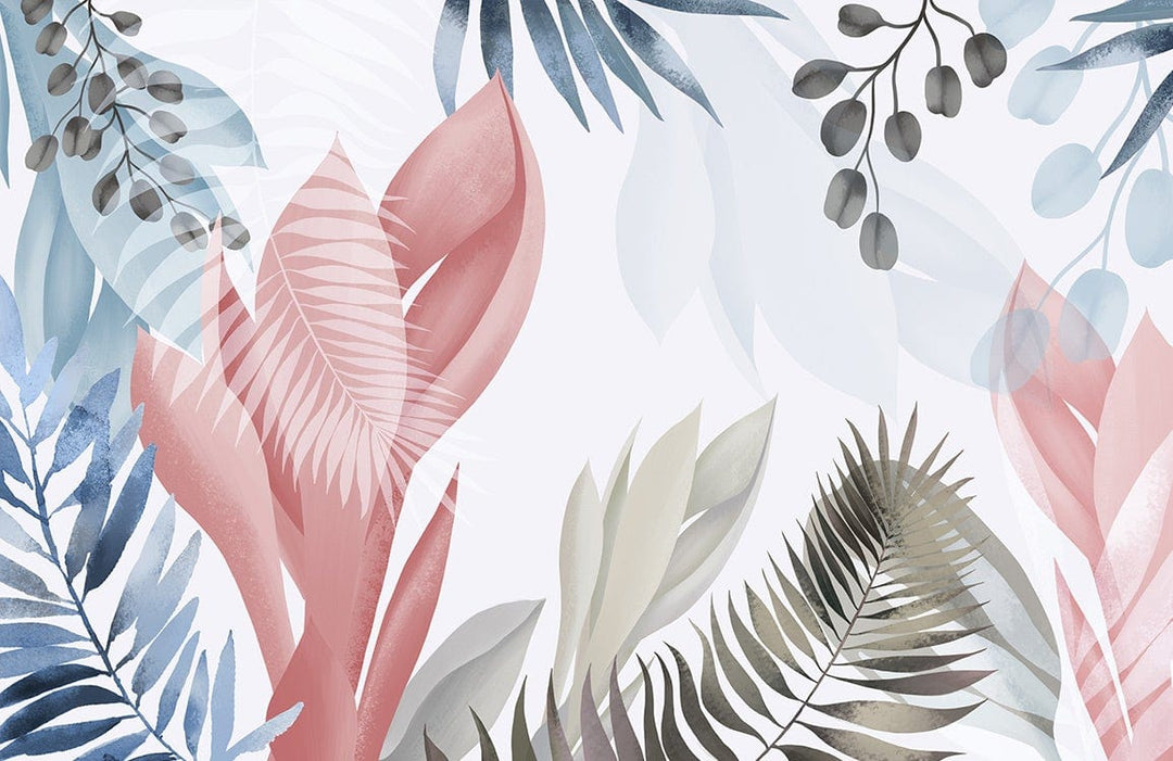 Elegant Pastel Tropical Leaves Mural Wallpaper - Soft Pink and Blue Design