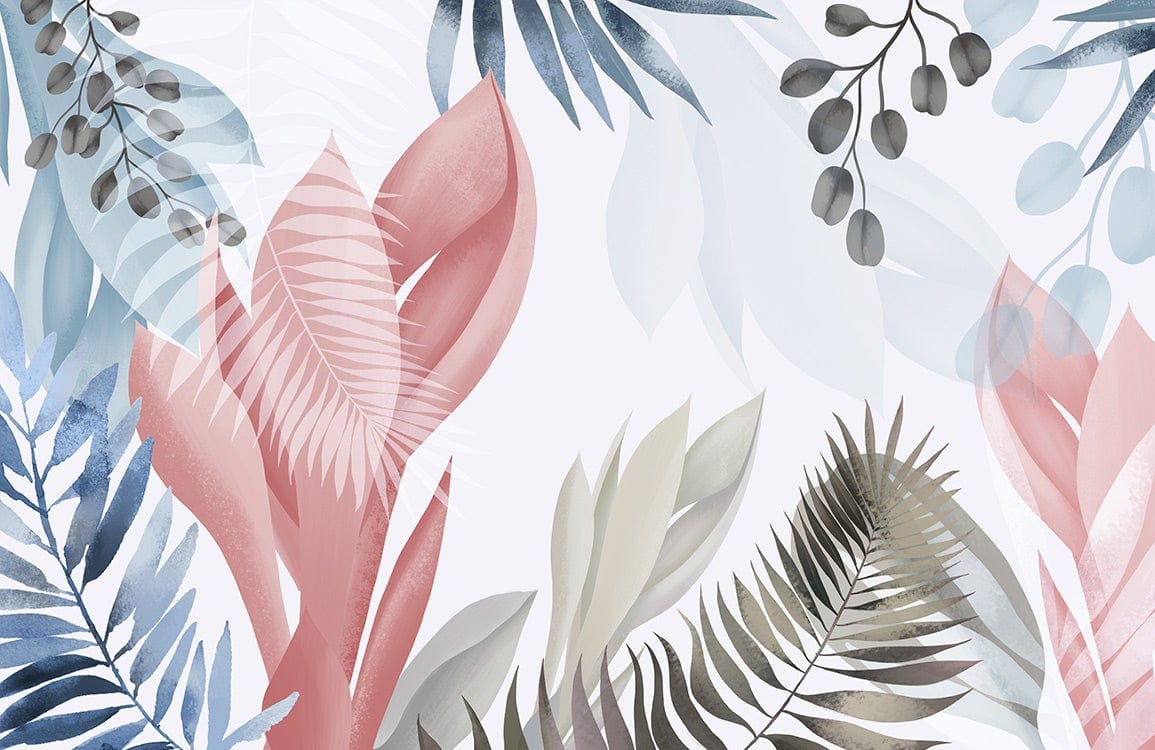 Elegant Pastel Tropical Leaves Mural Wallpaper - Soft Pink and Blue Design