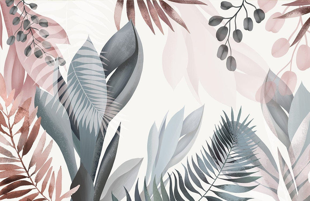 Abstract Botanical Leaves Mural Wallpaper in Soft Pink and Blue Tones