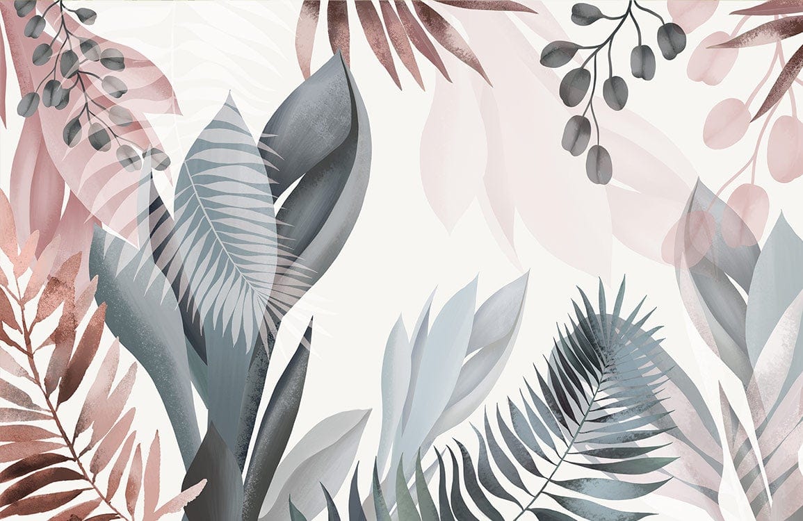 Abstract Botanical Leaves Mural Wallpaper in Soft Pink and Blue Tones