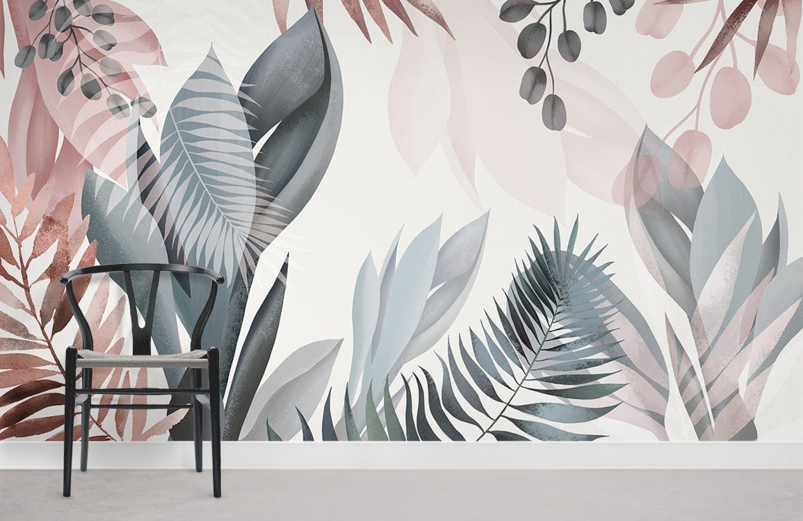 Abstract Botanical Leaves Mural Wallpaper in soft pink and blue tones; black chair on grey floor.