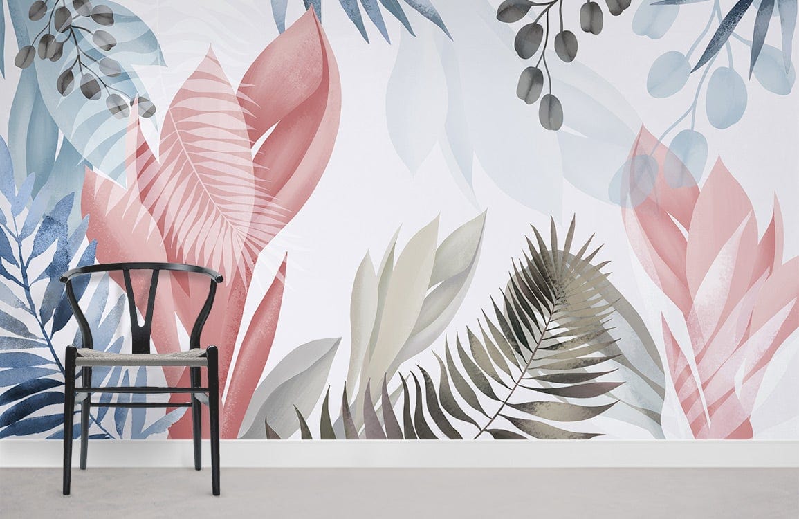 Elegant Pastel Tropical Leaves Mural Wallpaper with chair; soft pink, blue design; contemporary room style.