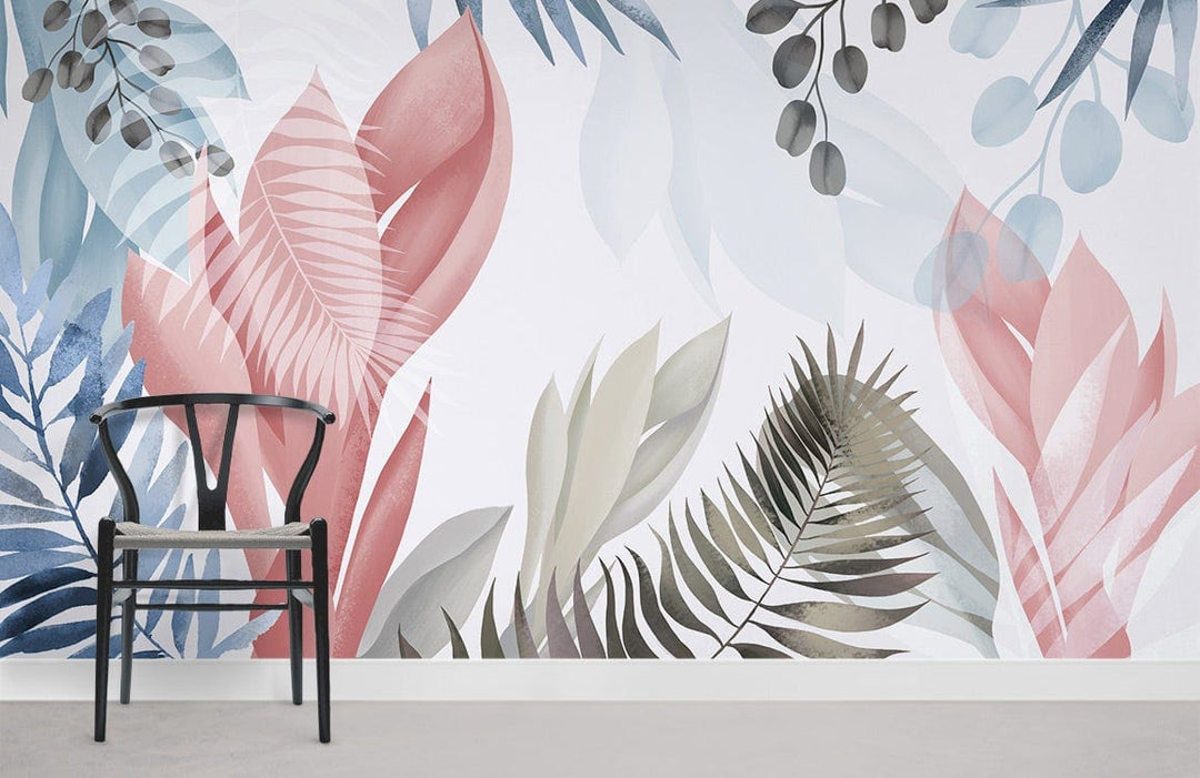 Elegant Pastel Tropical Leaves Mural Wallpaper with chair; soft pink, blue design; contemporary room style.