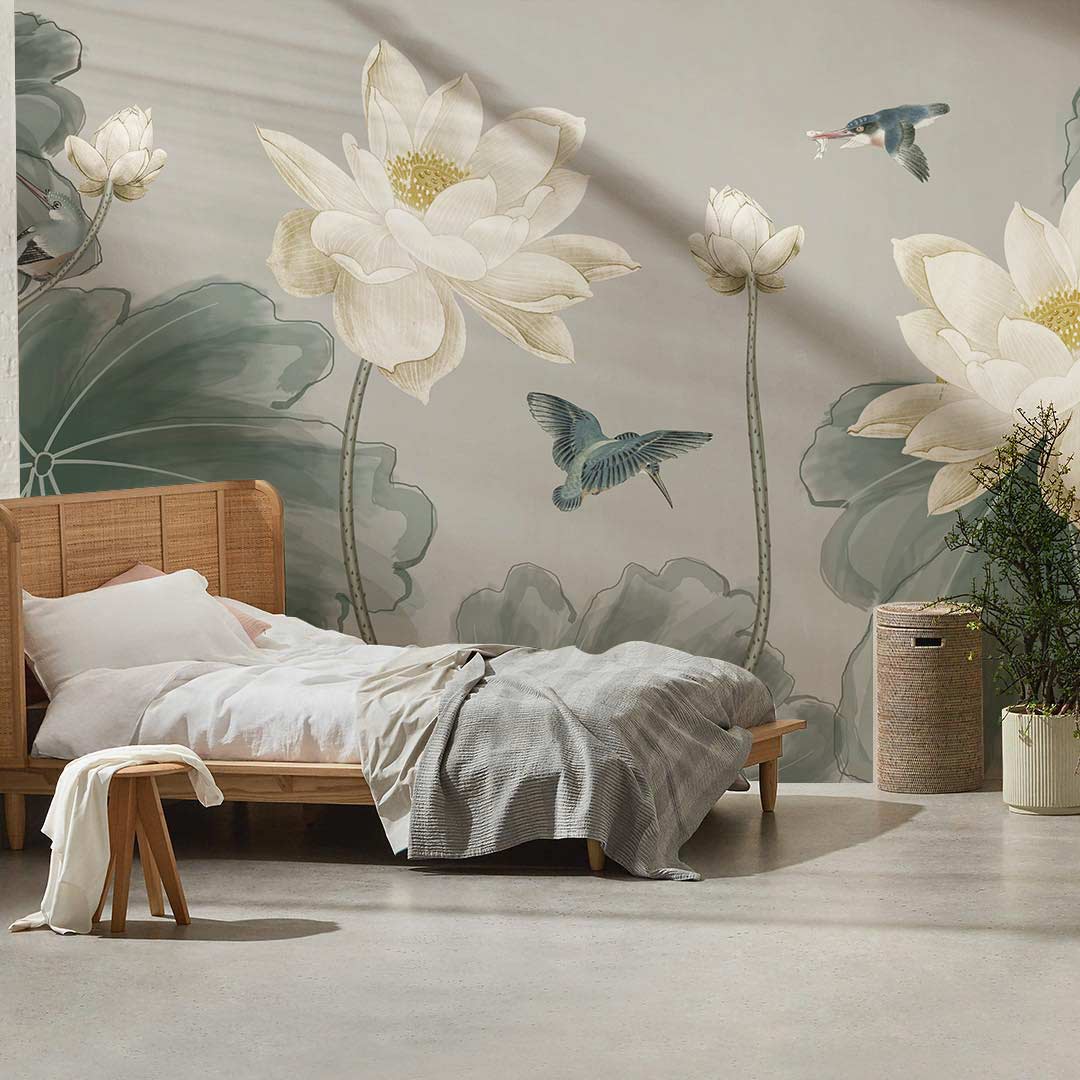 Elegant grey lotus mural wallpaper with birds, featuring wooden bed, neutral bedding, in serene bedroom.