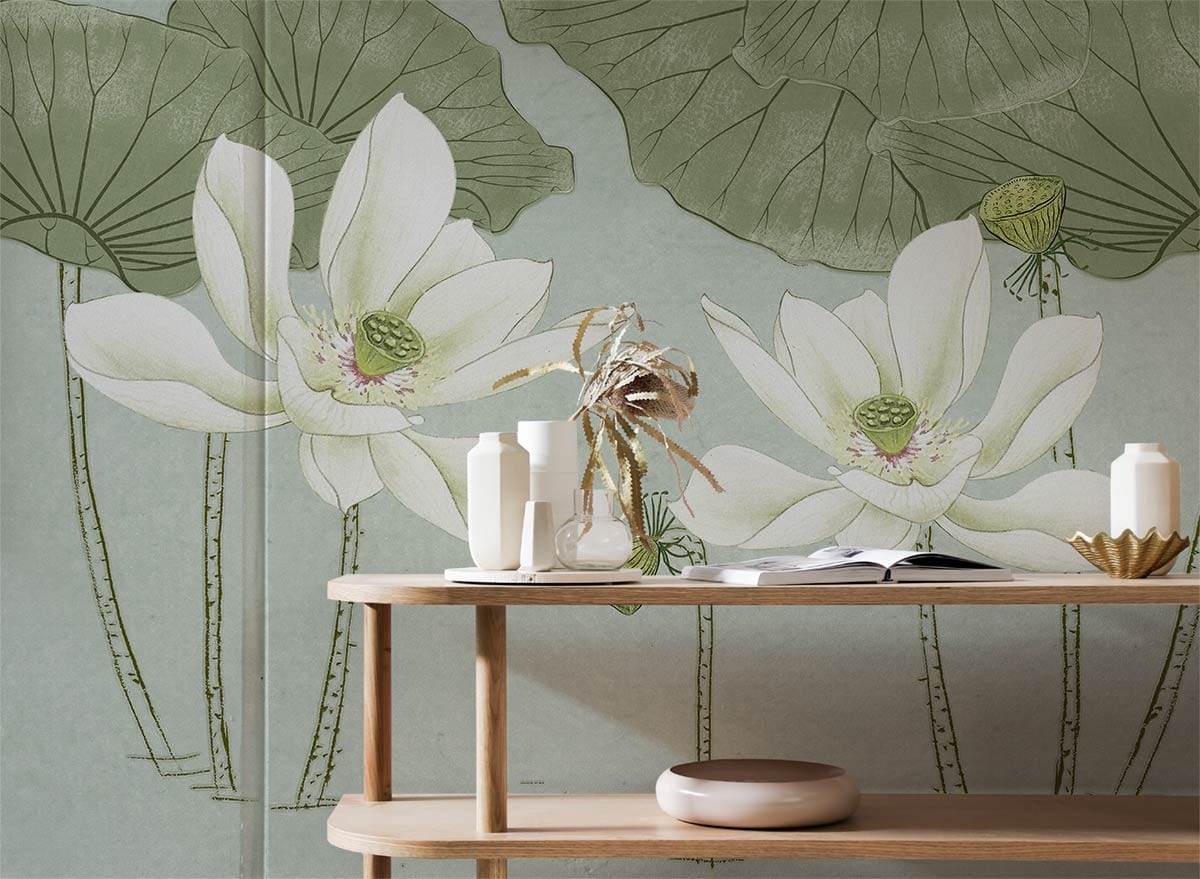 Elegant green lotus flower mural wallpaper in serene botanical design with wooden shelf decor.