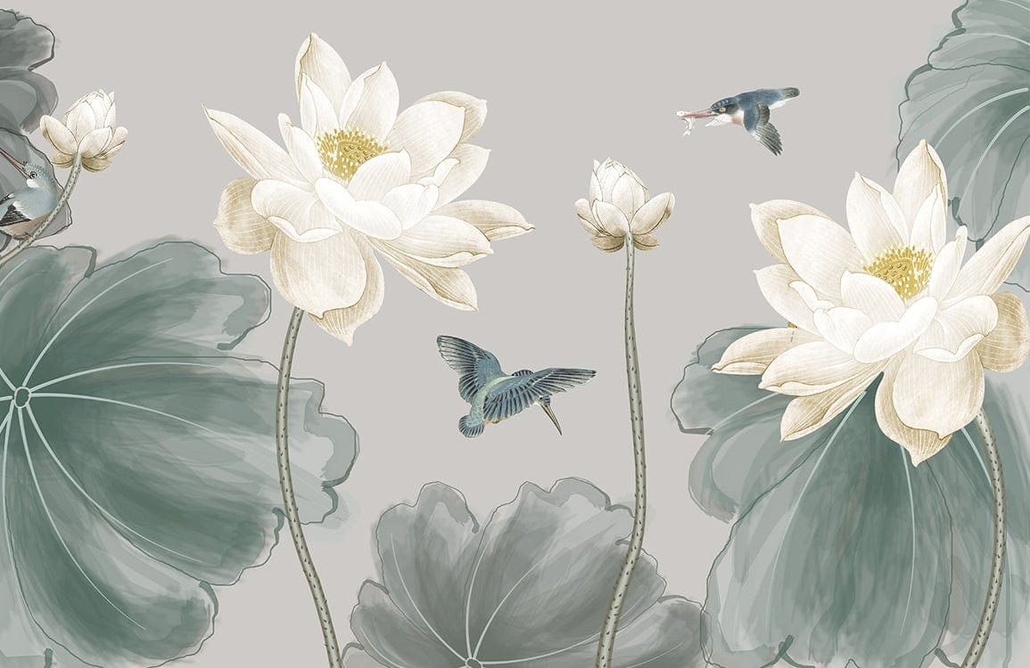 Elegant Grey Lotus Flower Mural Wallpaper with Tranquil Bird Accents