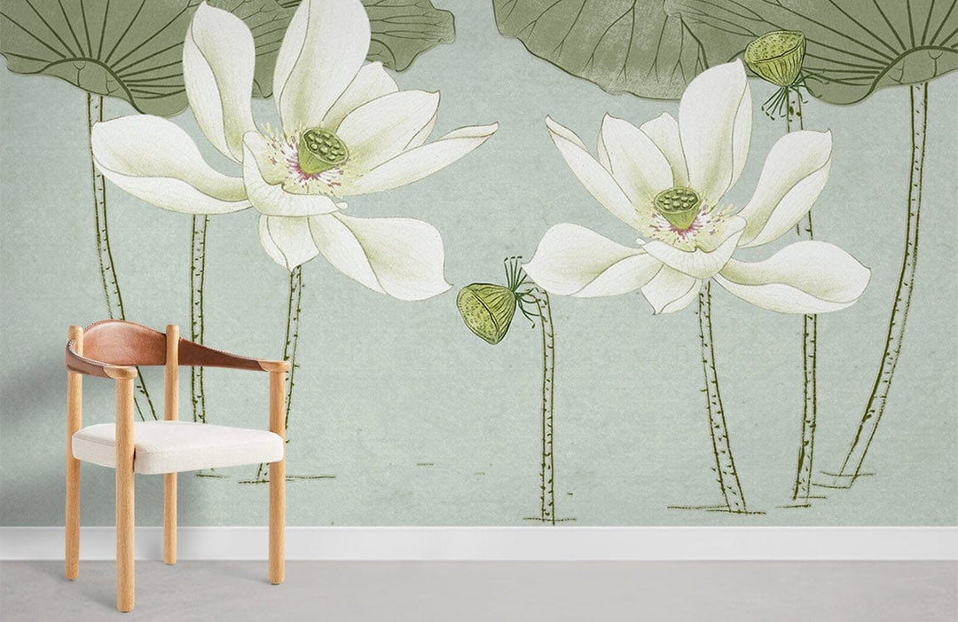 Elegant green lotus mural with serene botanical design, light wood chair, grey flooring, modern decor.