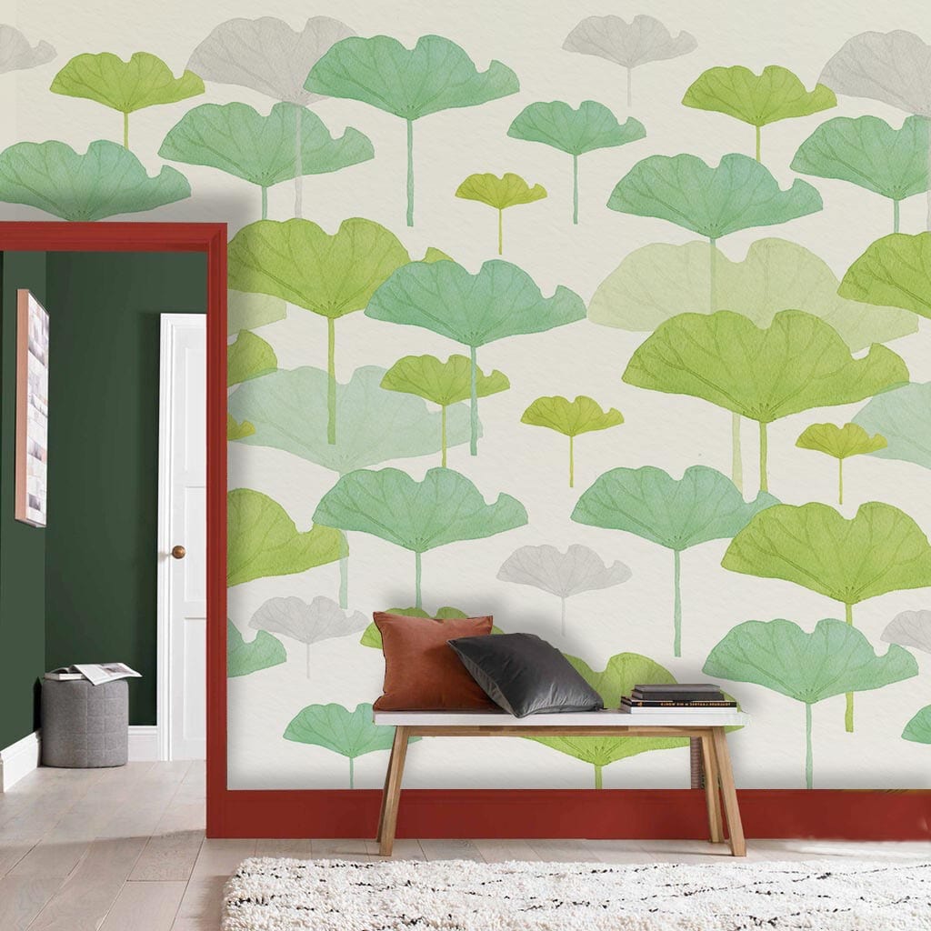 Serene Green Ginkgo Leaf Wallpaper with bench; nature-inspired interior, wooden flooring, elegant room setting.