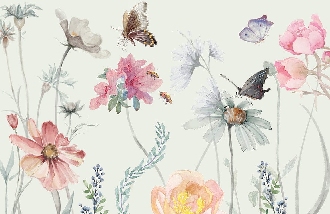 Vintage Pastel Floral Butterfly Garden Mural Wallpaper Romantic Botanical Design