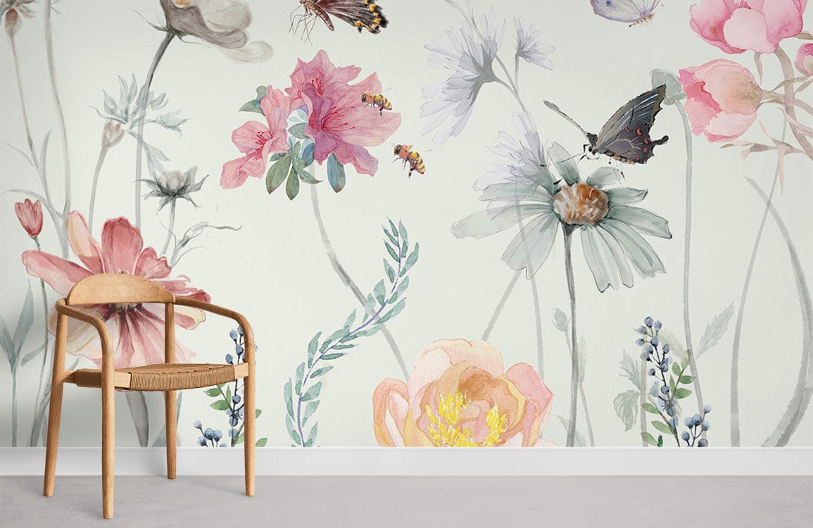 Vintage pastel floral butterfly garden mural wallpaper in botanical design; wooden chair, light grey flooring.