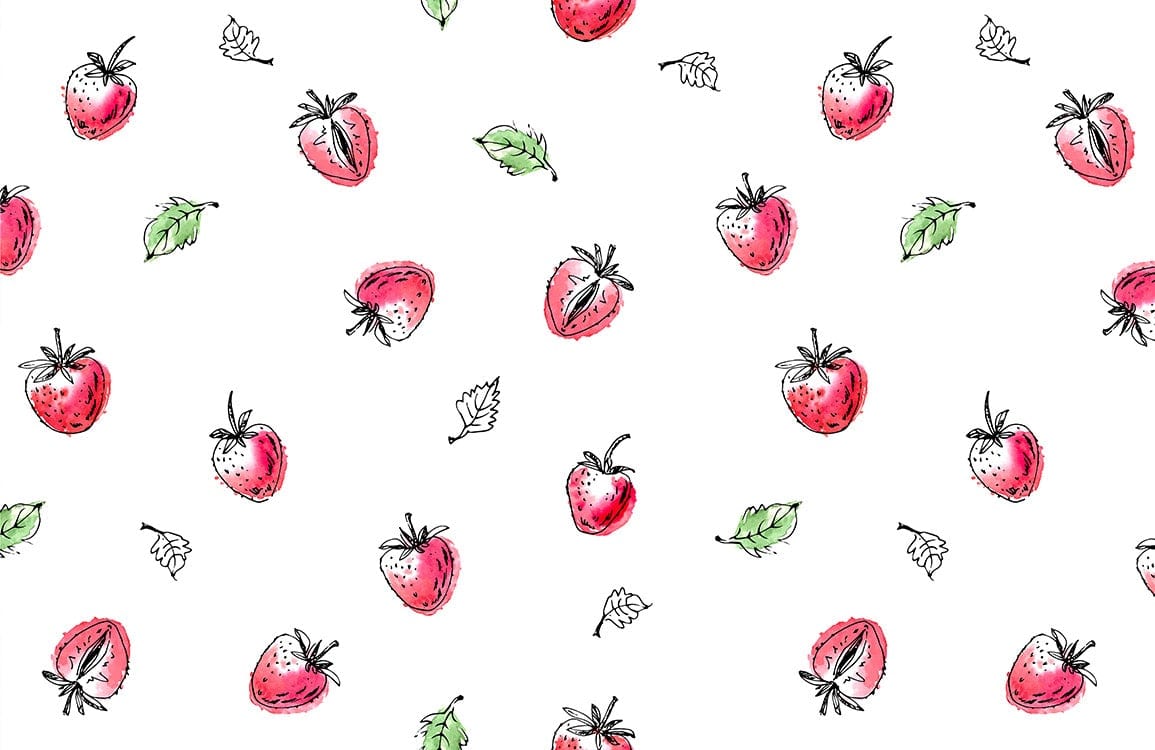 Charming Hand-Drawn Strawberry and Leaf Pattern Wallpaper in White Background