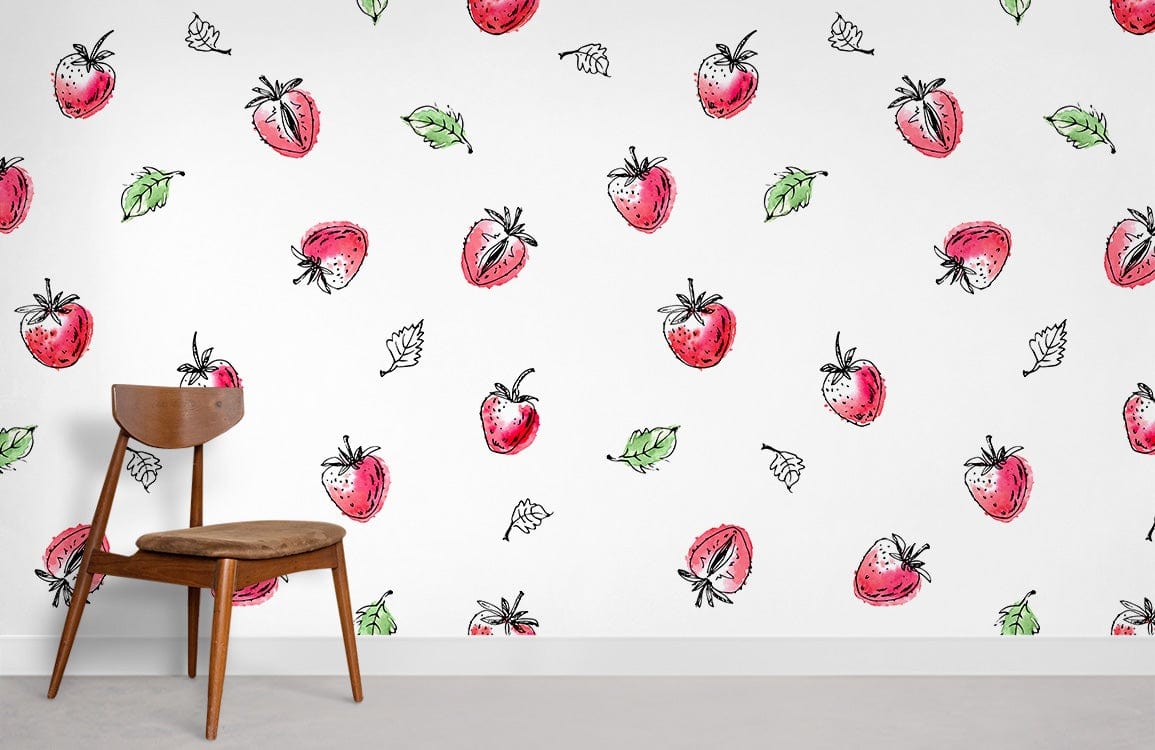 Charming strawberry leaf wallpaper with chair, grey flooring; perfect for modern living room decor.