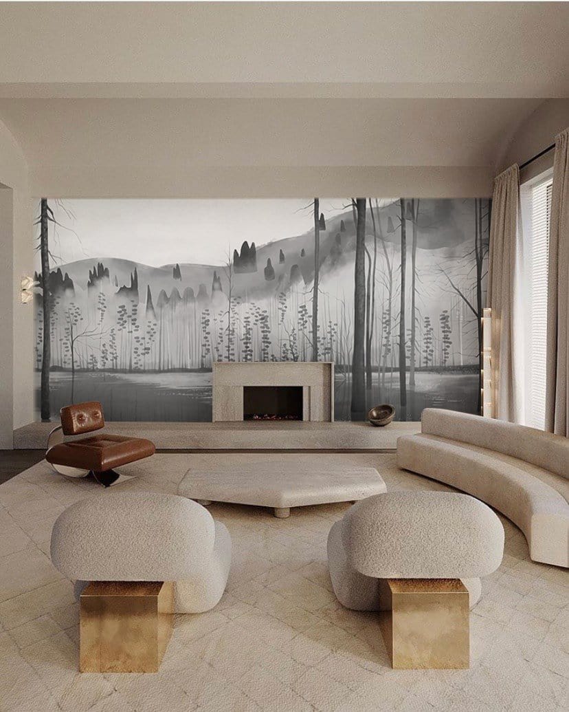 Elegant Grey Forest Mist Mural Wallpaper in modern living room with beige sofas, armchairs, and rug.