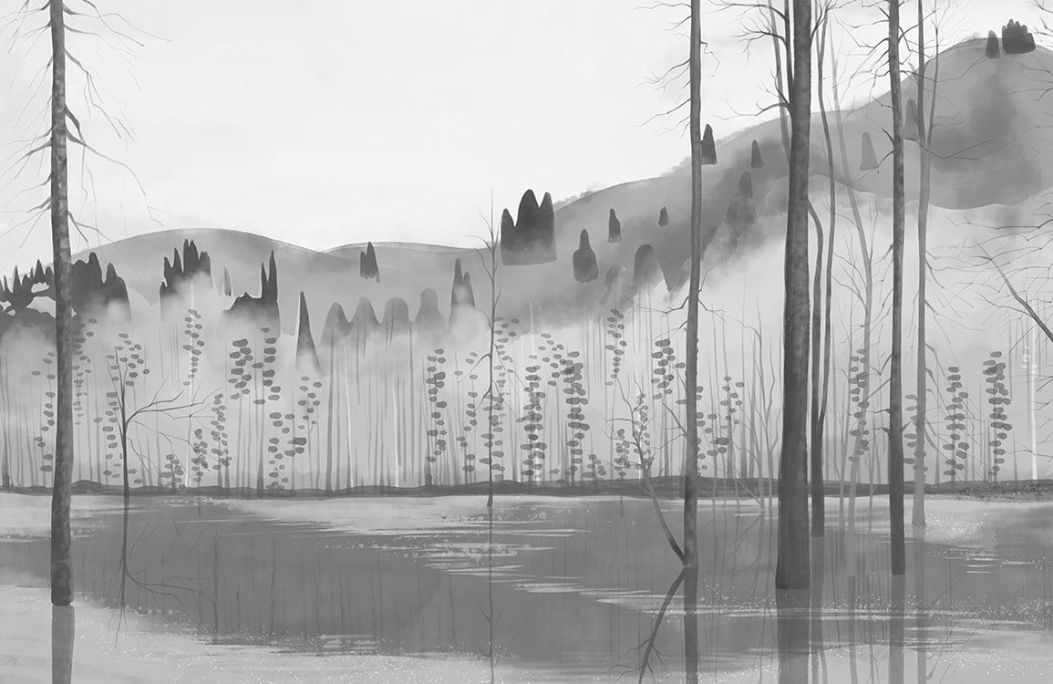 Grey Forest Mist Mural Wallpaper: Elegant Monochrome Nature Landscape Design