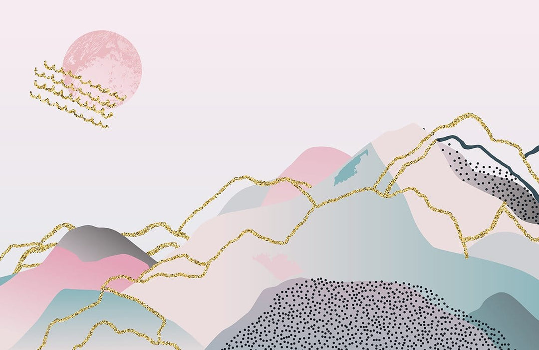 Dreamy Pastel Abstract Mountain Landscape Mural Wallpaper with Gold Accents