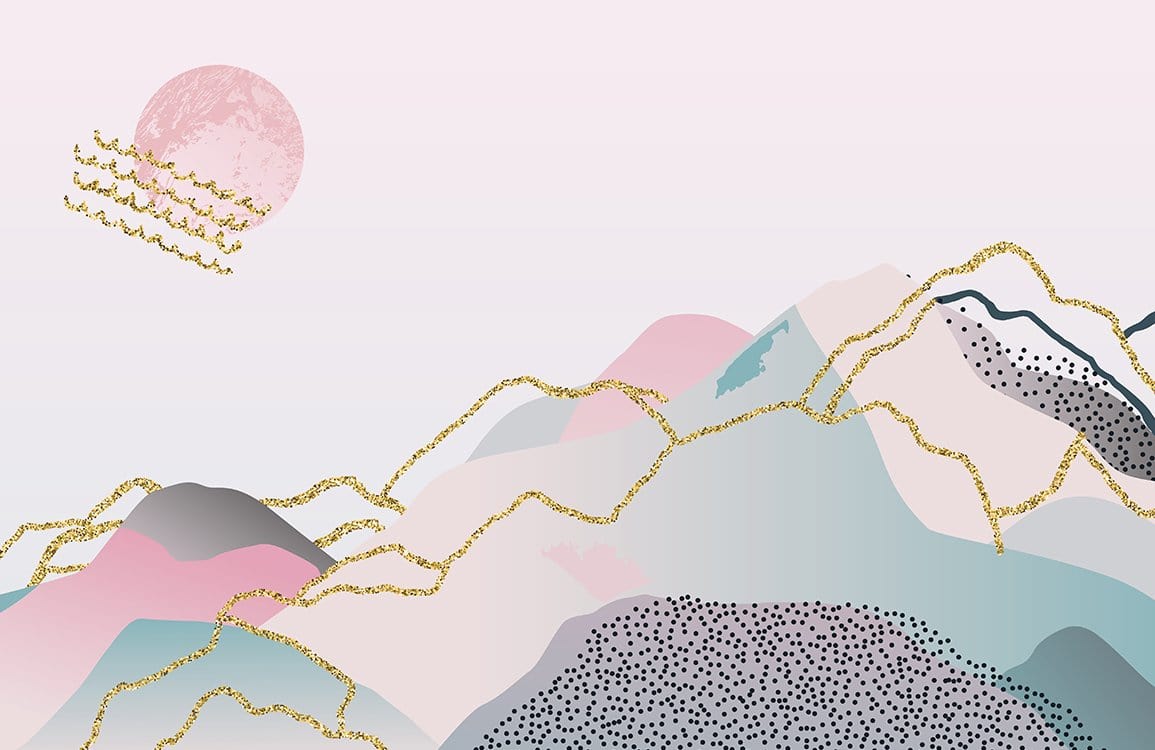 Dreamy Pastel Abstract Mountain Landscape Mural Wallpaper with Gold Accents