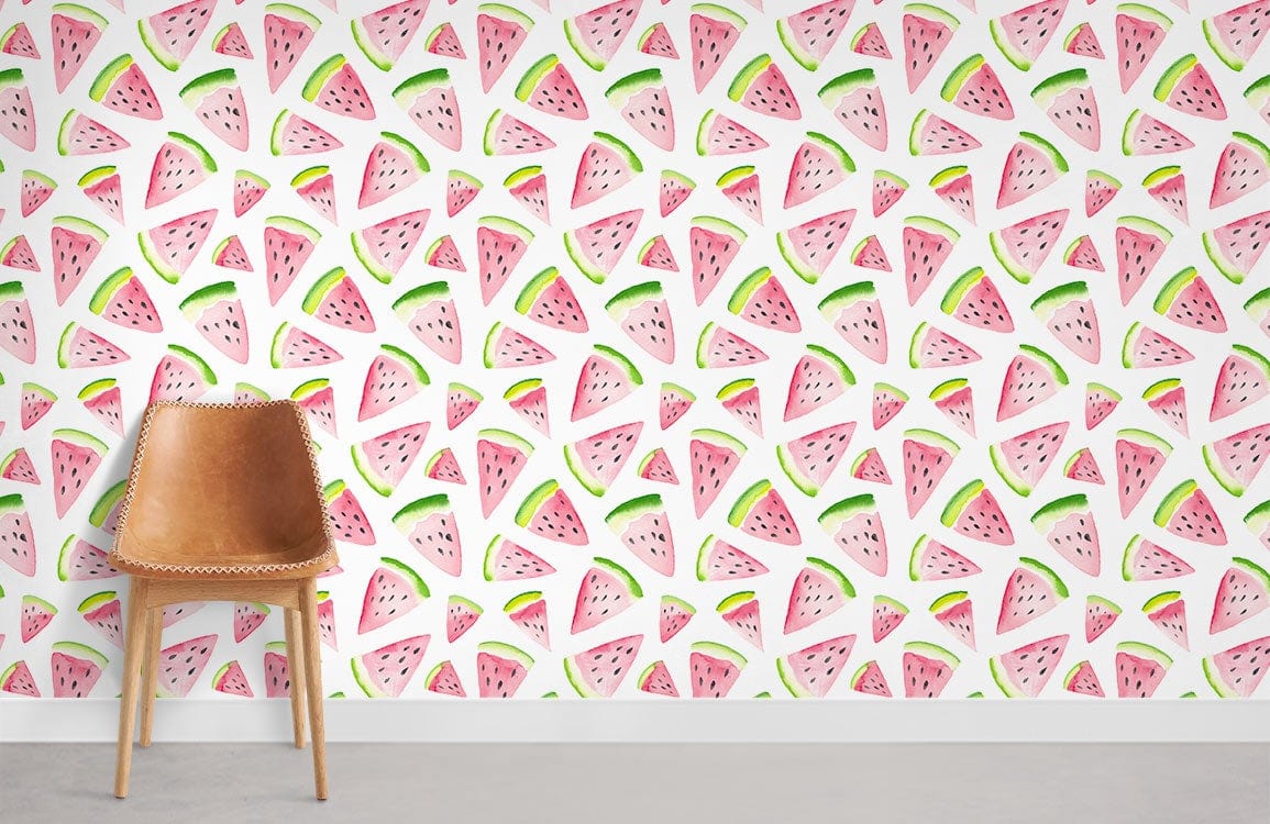 Brown leather chair against pink and green watermelon patterned wallpaper in a modern room setting.