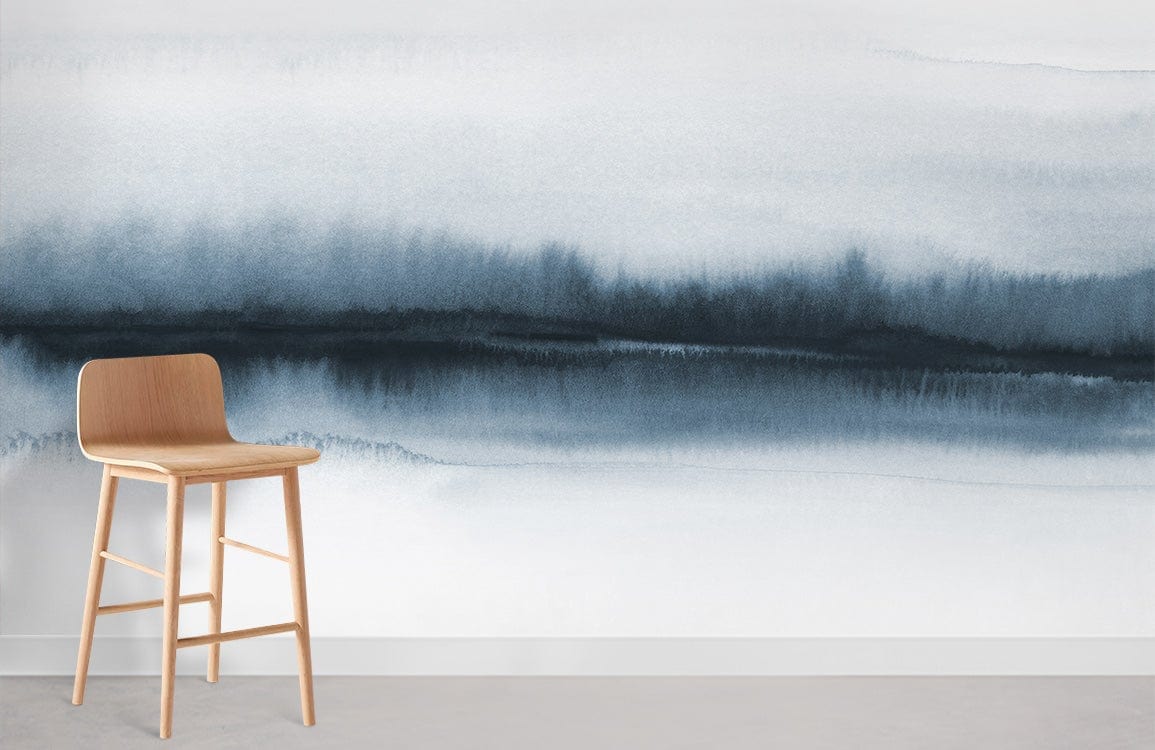 Serene Watercolour Landscape Blue Grey Mural Wallpaper in modern room with wooden stool and grey flooring.