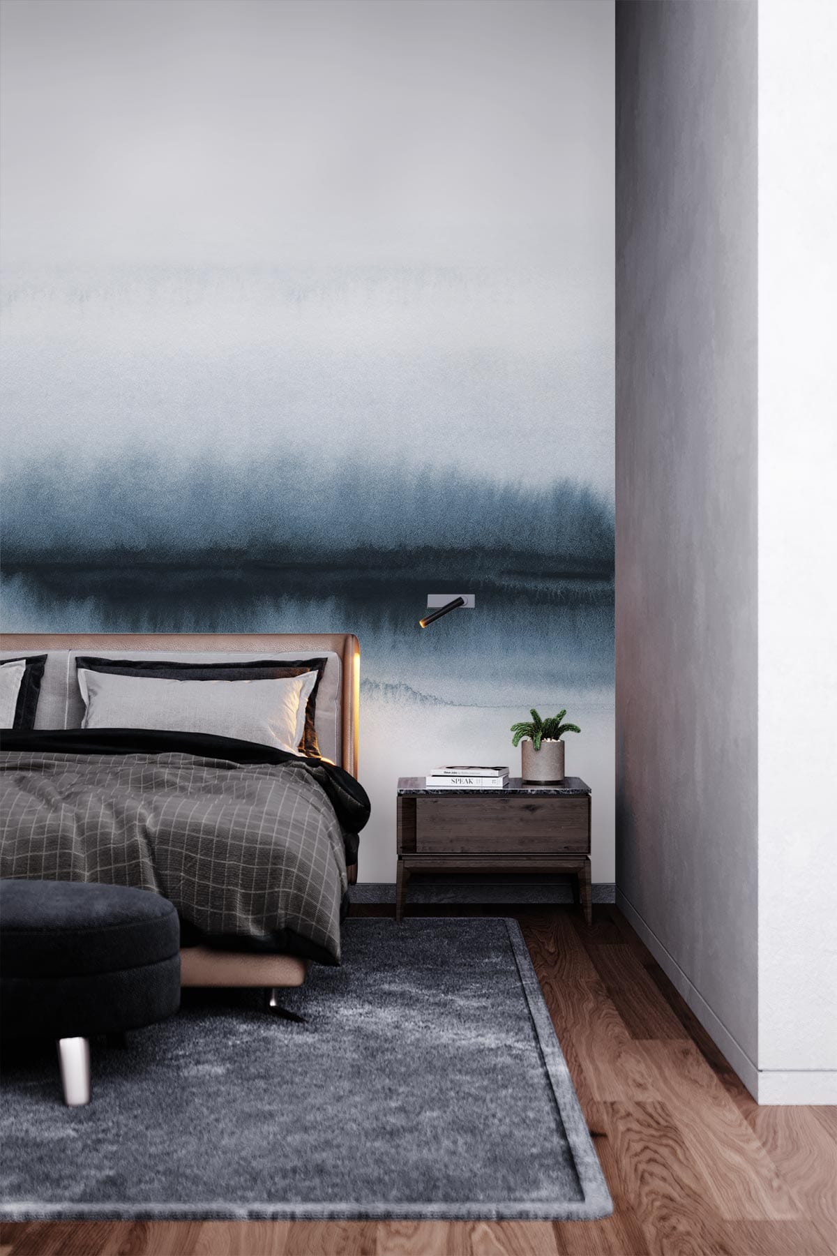Serene Watercolour Landscape Mural accentuates modern bedroom with grey sofa, wooden flooring, stylish decor.