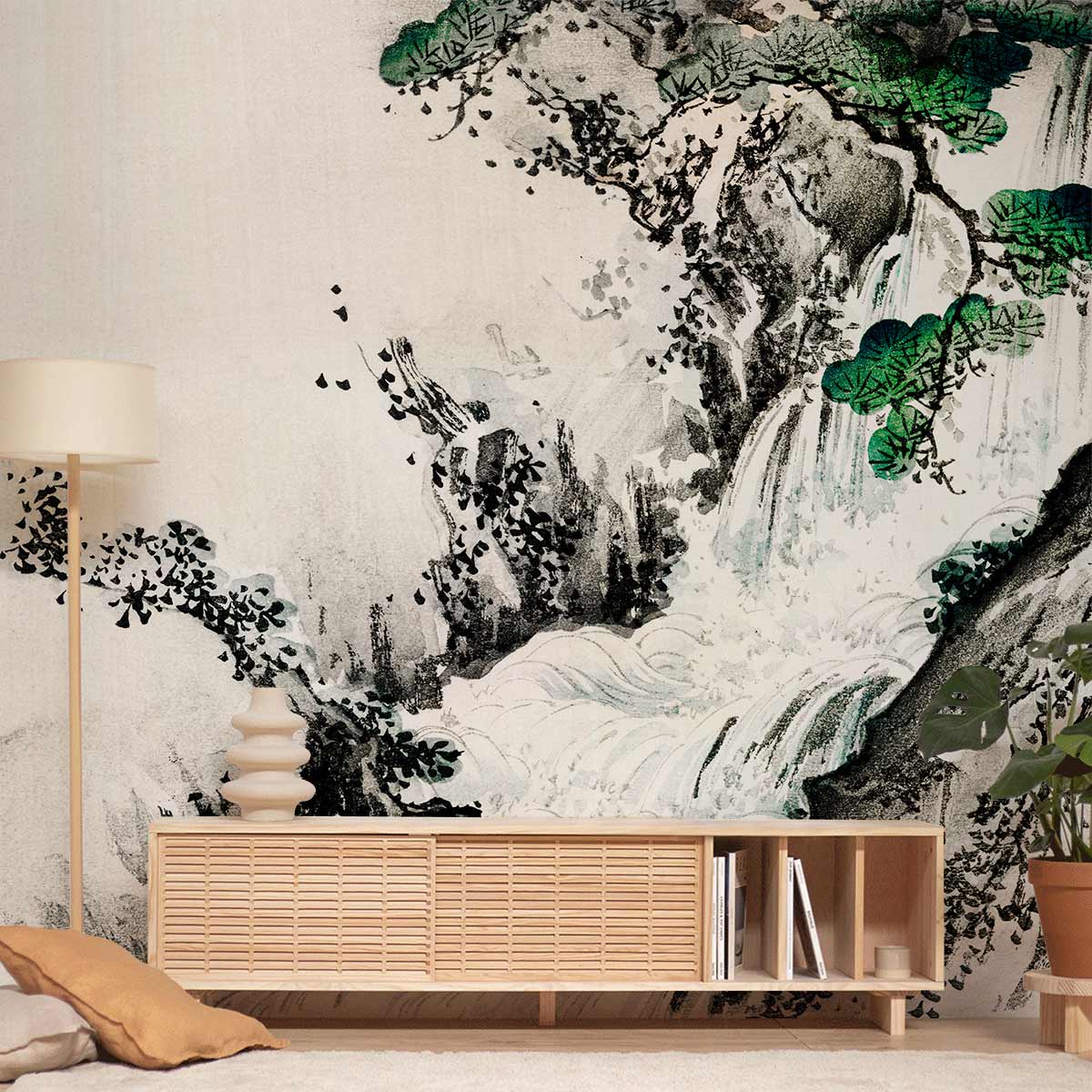 Elegant Oriental Waterfall Mural in Greys, Greens, with Lamp, Cabinet, Sofa; Living Room Design.