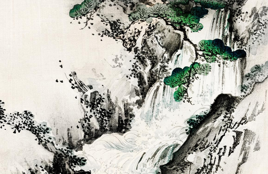 Elegant Oriental Waterfall Mural Wallpaper in Subtle Greys and Lush Greens
