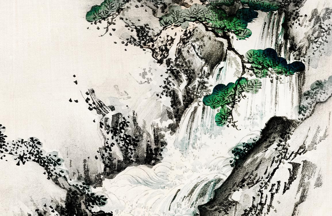 Elegant Oriental Waterfall Mural Wallpaper in Subtle Greys and Lush Greens
