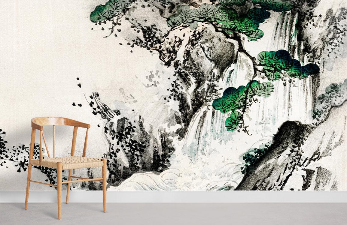 Elegant Oriental Waterfall Mural Wallpaper in greys and greens, paired with minimalist wooden chair on grey flooring.