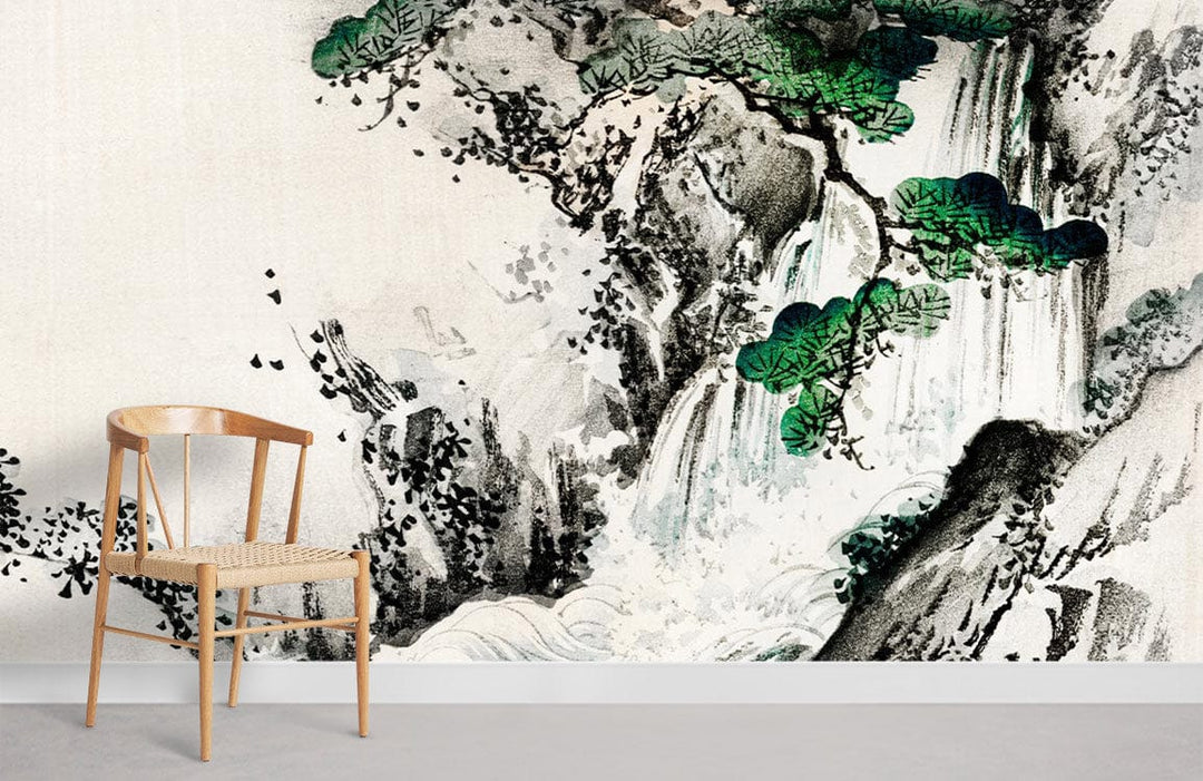 Elegant Oriental Waterfall Mural Wallpaper in greys and greens, paired with minimalist wooden chair on grey flooring.